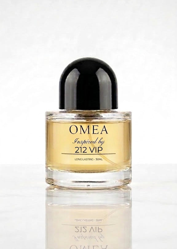 Perfume bottle labeled 'OMEA' inspired by '212 VIP' on a white background