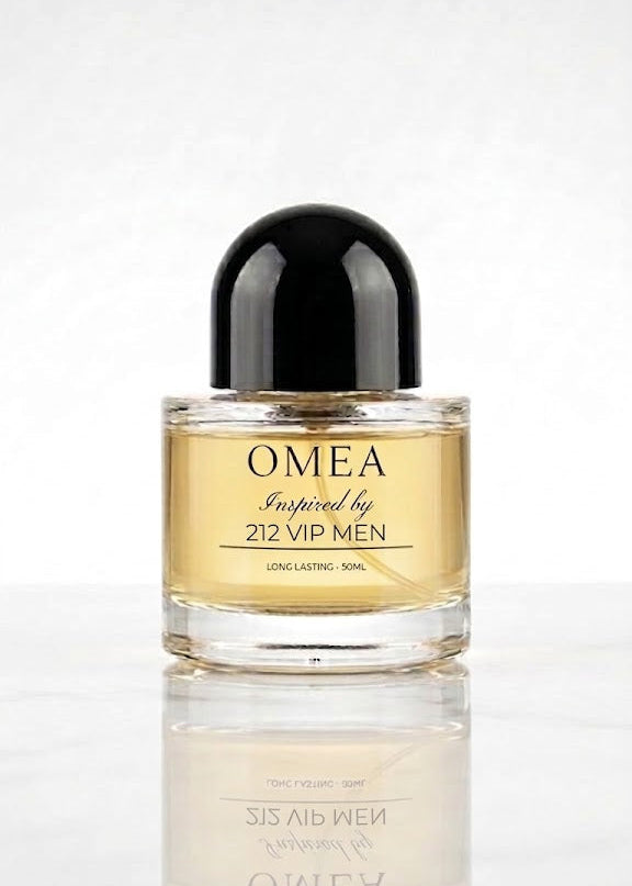 Perfume bottle labeled 'OMEA' inspired by '212 VIP MEN' on a white background