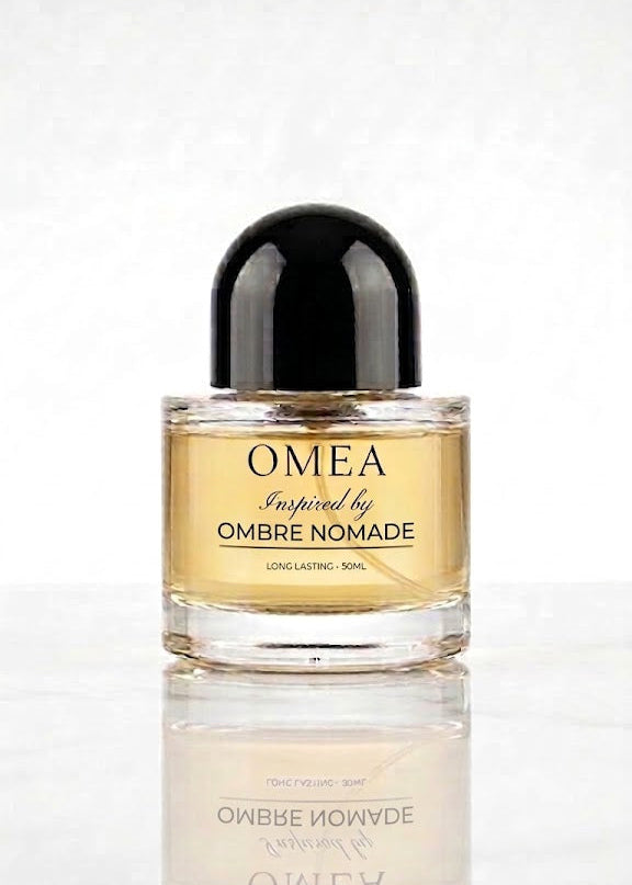 Perfume bottle labeled 'OMEA' inspired by 'Ombre Nomade' on a white background