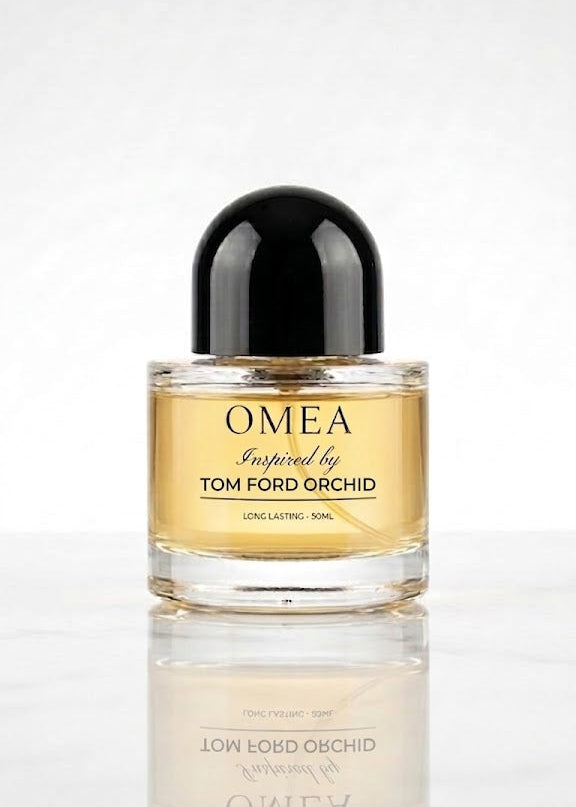 Perfume bottle labeled 'OMEA' inspired by Tom Ford Black Orchid on a white background