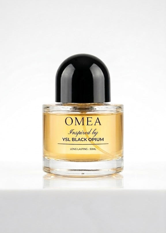Perfume bottle labeled 'OMEA' inspired by 'YSL Black Opium' on a white background