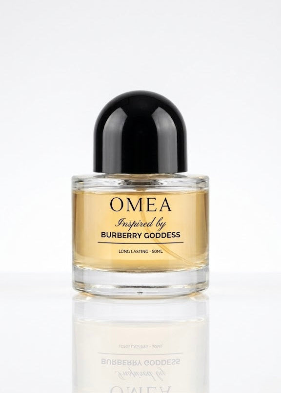 Perfume bottle labeled 'OMEA' inspired by 'Burberry Goddess' on a white background