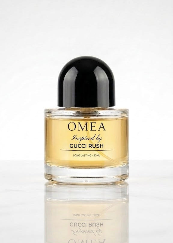 Perfume bottle labeled 'OMEA' inspired by 'Gucci Rush' on a white background