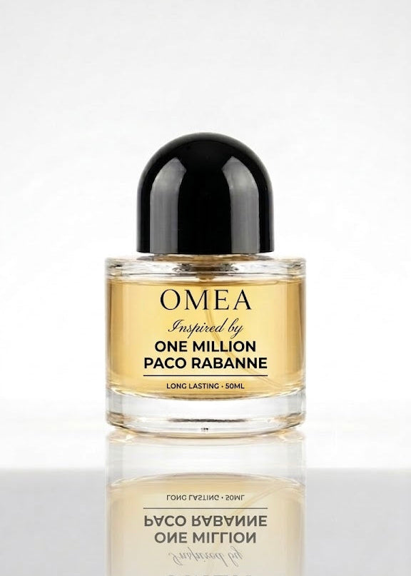 Paco Rabanne OMEGA perfume bottle on a reflective surface with a white background