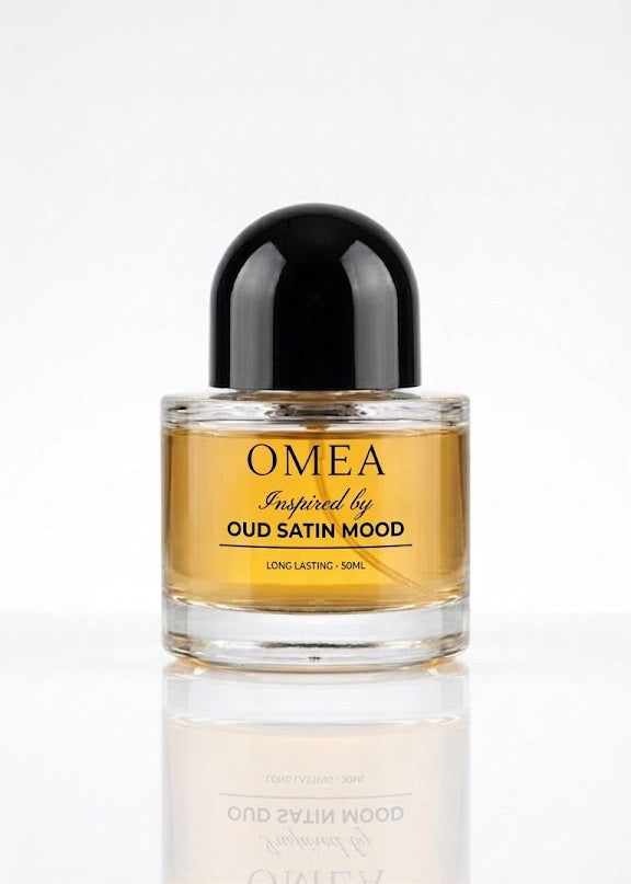 Perfume bottle labeled 'OMEA' inspired by Oud Satin Mood on a white background