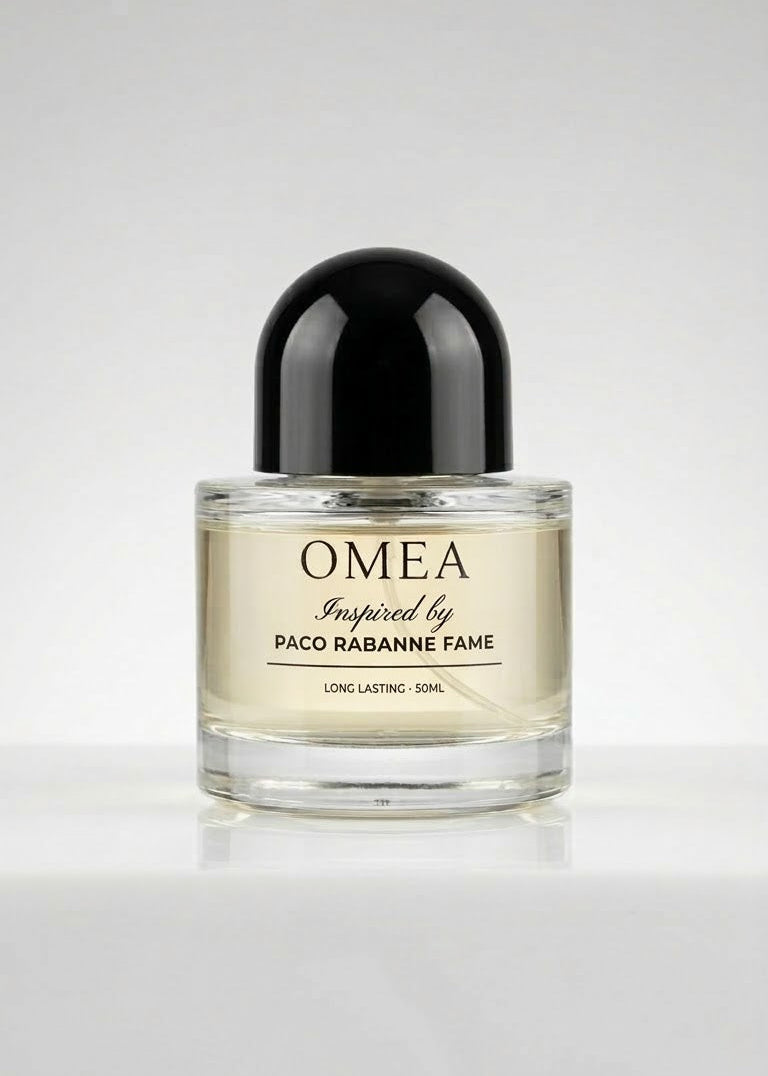 Perfume bottle labeled 'OMEA' inspired by Paco Rabanne Fame on a white background