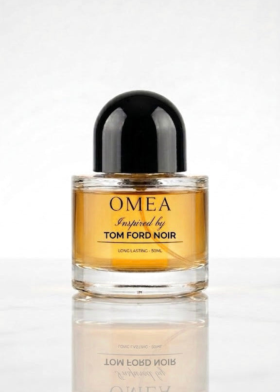 Perfume bottle labeled 'OMEA' inspired by Tom Ford Noir on a white background