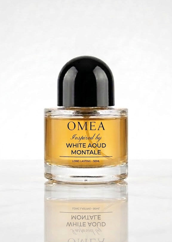 Perfume bottle labeled 'OMEA' inspired by 'White Aoud Montale' on a white background